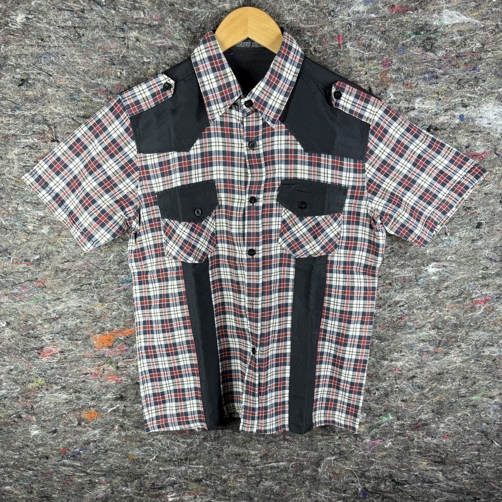 Blue Star Shirt Mens Medium Plaid Western‎ Cowboy Short Sleeve Black Red